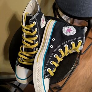 Converse Black High-Tops with Yellow Laces